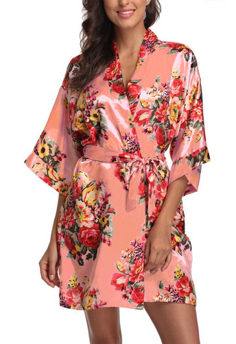 Orange floral bridesmaid robe - orange,