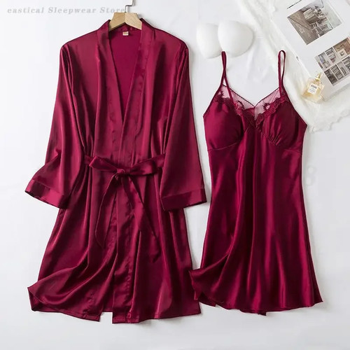 Women pink lace bridal robe - pink,
